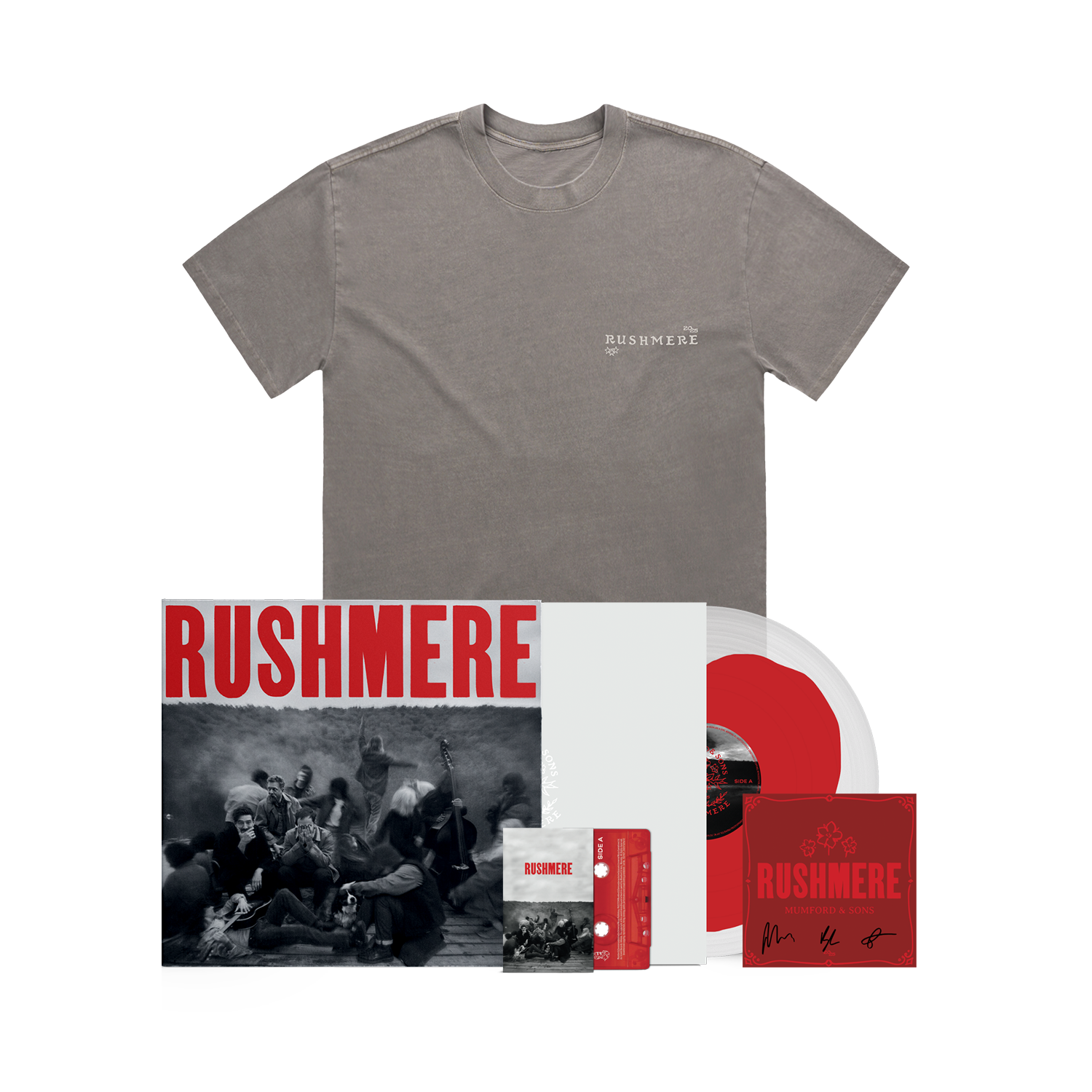 Monochrome Red on Clear Vinyl LP, Dark Grey Stamp Print T-Shirt, Cassette & Signed Art Card